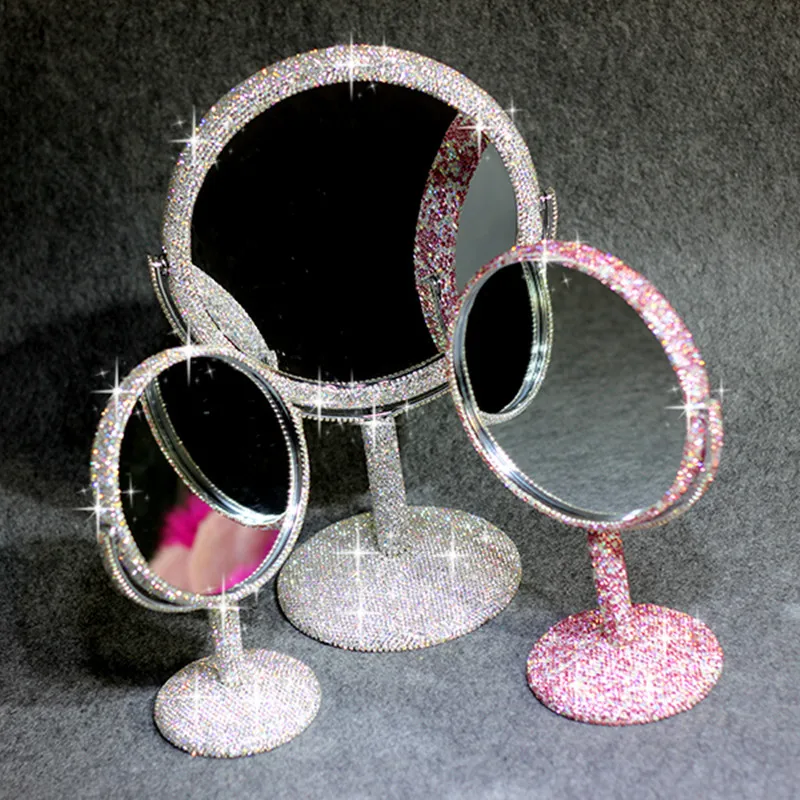 

Зеркало для макияжа с кристаллами двустороннее плоское и трехкратное увеличительное стекло вращающееся настольное зеркало принцесса косм...
