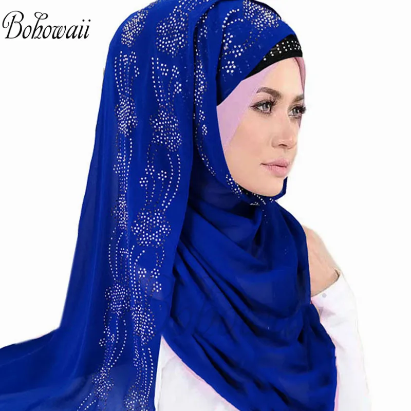 BOHOWAII Ramadan Headwear Hijabs Scarf Rhinestone Long Scarves Comfortable Chiffon Head Wraps Muslim Fashion Turbans for Women