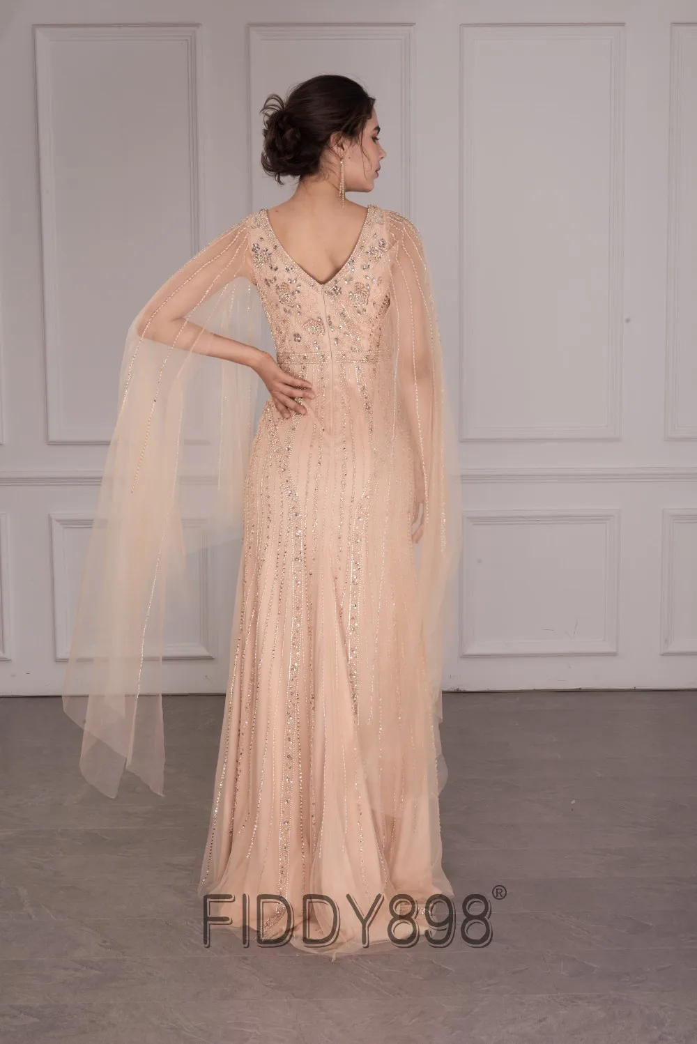 Crystal Diamond Dress Split Side Sequins Beaded Prom Gown 2020 For Girls Cap Sleeves Long Champagne Gown Party Vistidos De Gala