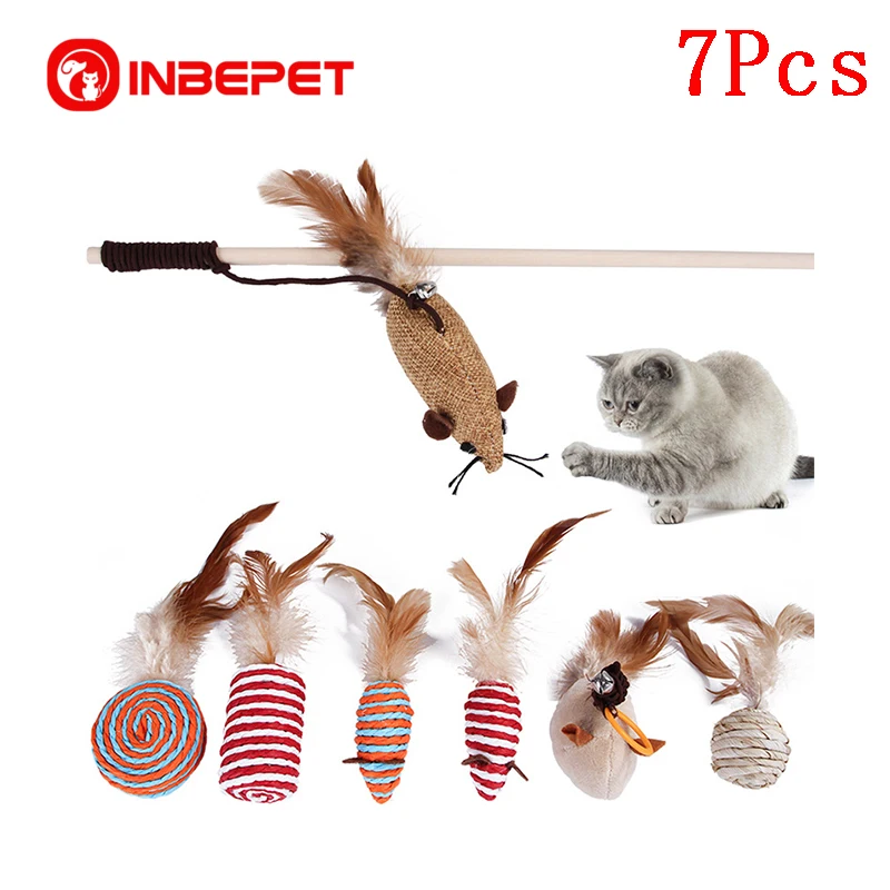 

INBEPET 7 шт., игрушки для кошек, мяч, набор игрушек для домашних питомцев, перо, Katten, сизаль, тизер, палочка, кошачья мята, игрушечный набор, игрушк...