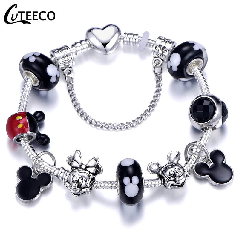 CUTEECO старинные серебряные талисманы браслеты для женщин Новые Микки хрустальные бусины для рукоделия Fit брендовый браслет для женщин Pulseira ювелирные изделия - Окраска металла: W