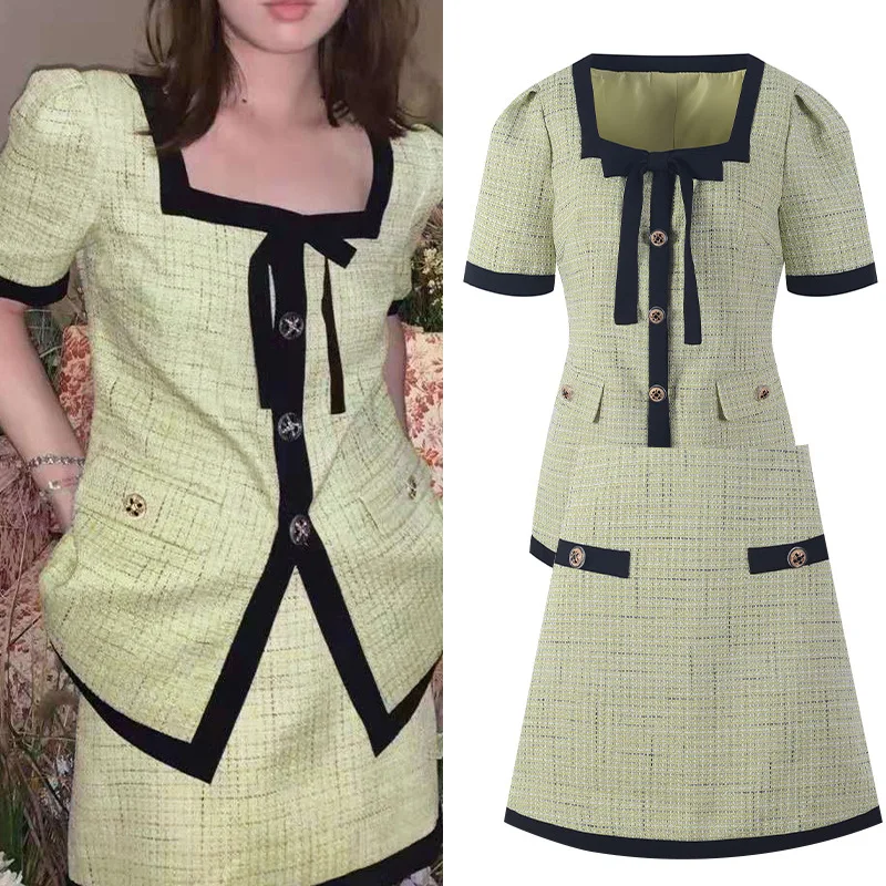 

Женский офисный костюм из двух предметов, комплект из двух предметов, топ с квадратным вырезом и юбка-трапеция, элегантная зеленая одежда в ...