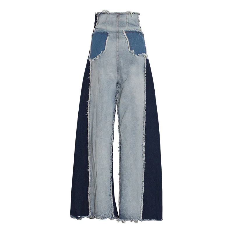

2021 Patchwork Denim High Waist Wide Leg Pants Women Contrast Color Loose Fashion Streetwear Casual Ins Retro Vintage Trousers