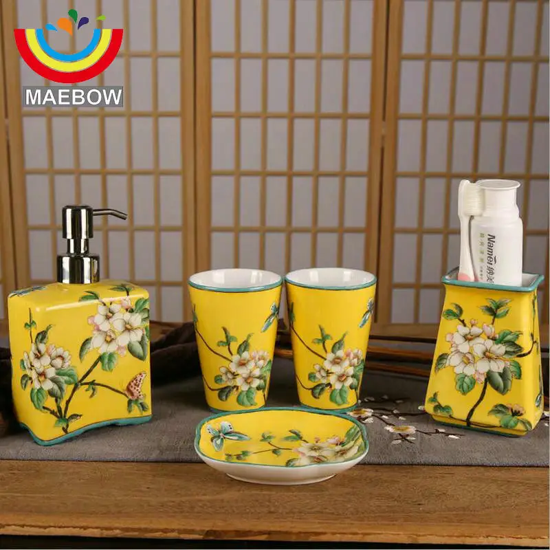 

Żółty piękny ręcznie malowane kolekcjonerska dekoracja wnętrz porcelanowy kubek na szczoto podajnik do naczyń zestaw łazienkowy