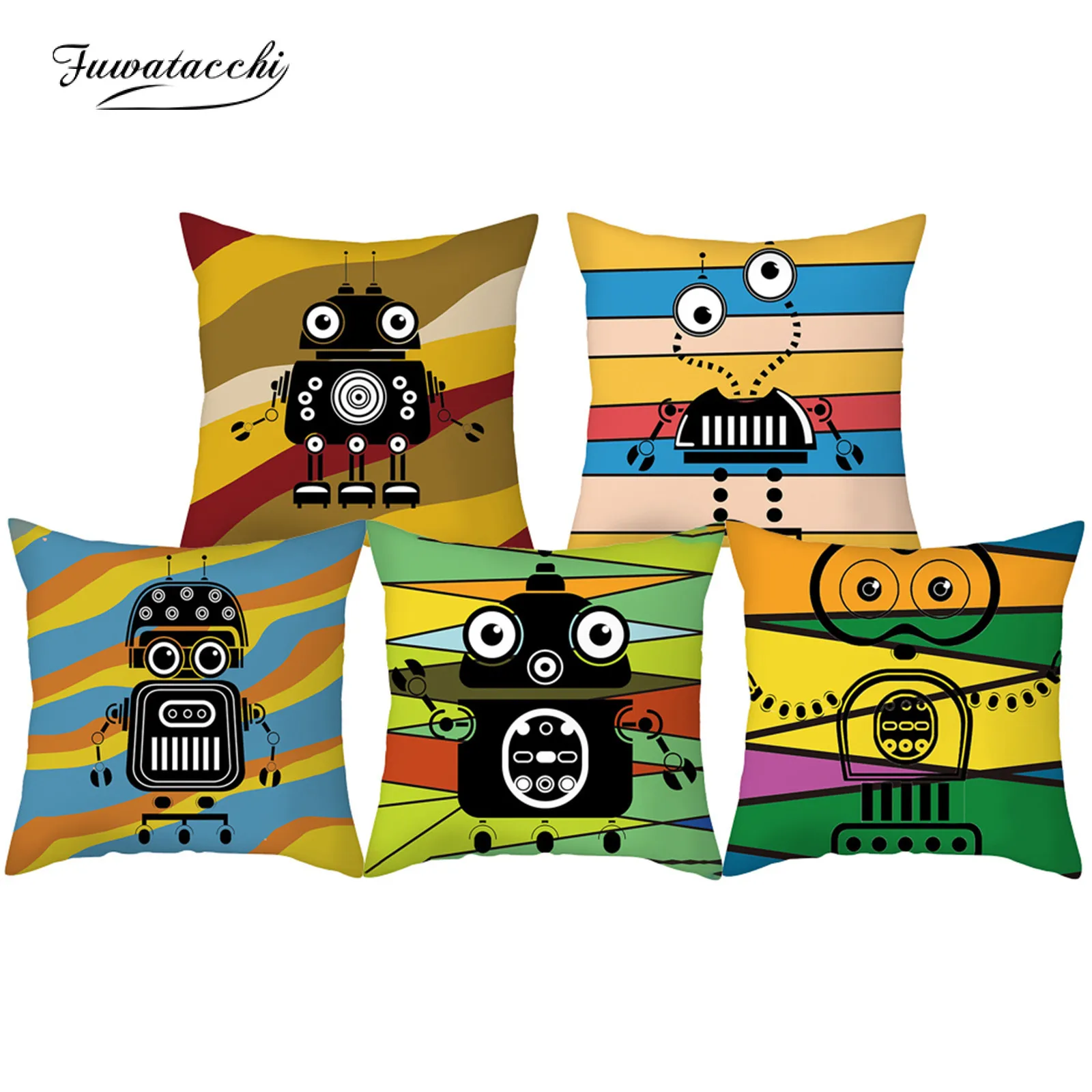 

Fuwatacchi Cushion Cover Cartoon Robot Home Decorative Pillow Cover Stripe Printed Pillowcase For Sofa Chair Bedroom Decor 45X45