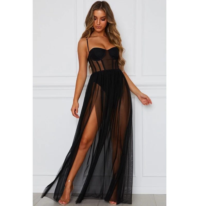 

Sexy Boho Women Dress See Through Bodycon Strappy Long Tulle Dresses Summer Holiday Beach Sea Sundress