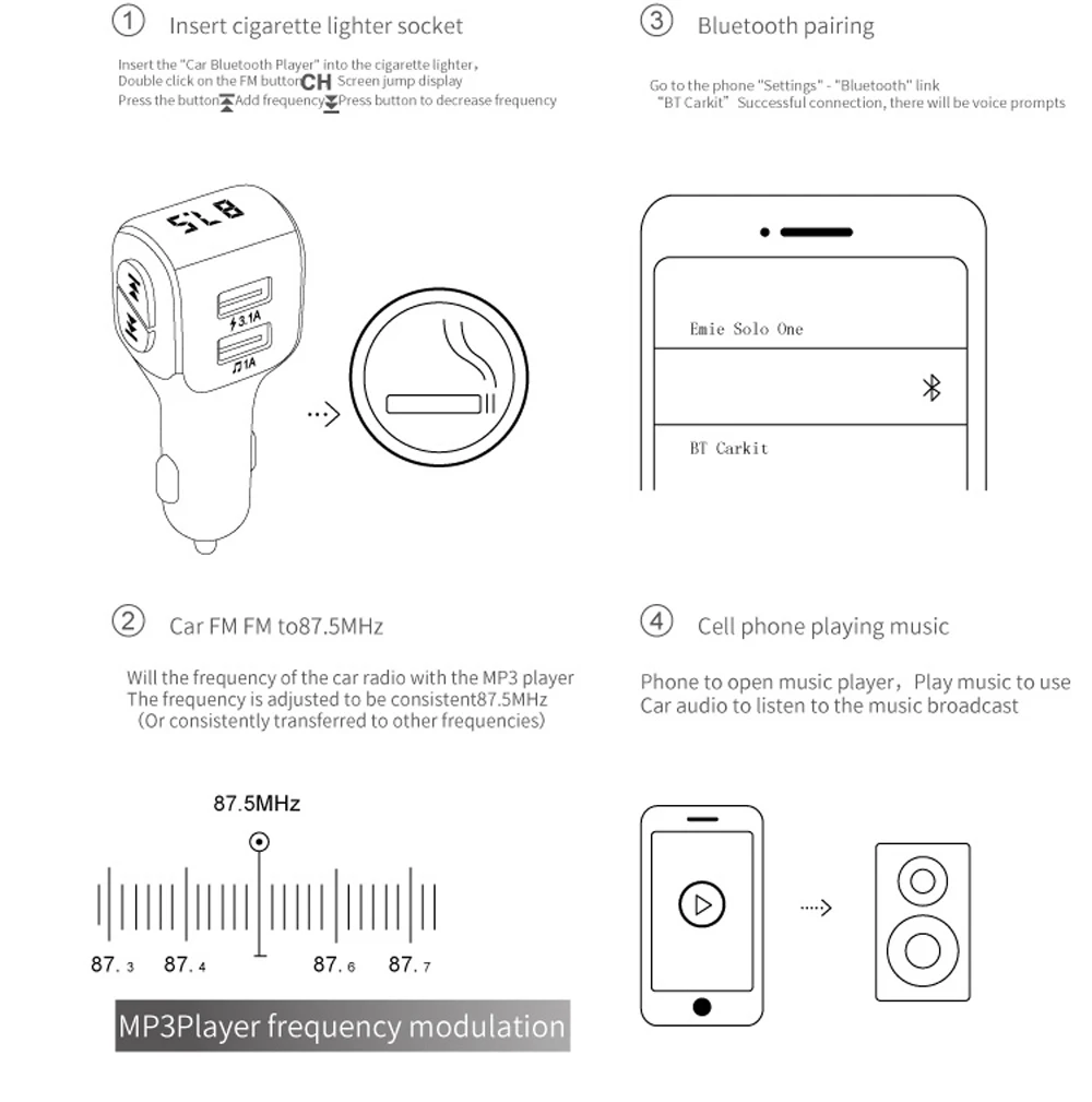 DHKEJI Автомобильный Bluetooth беспроводной fm-передатчик MP3-плеер USB зарядное устройство автомобильные аксессуары fm-модулятор