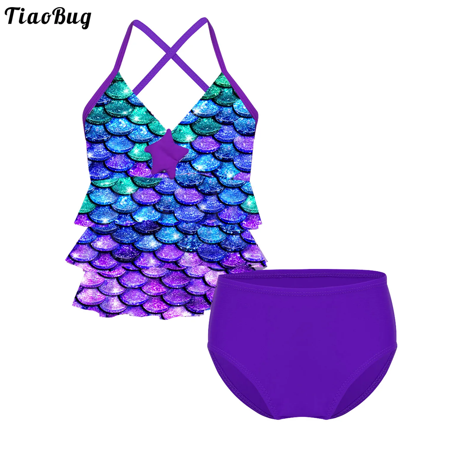 

TiaoBug 2Pcs Kids Girls Tankini Mermaid Scales Printed Starfish Bikini Swimsuit Swimwear Bathing Suit Tops With Bottoms Set