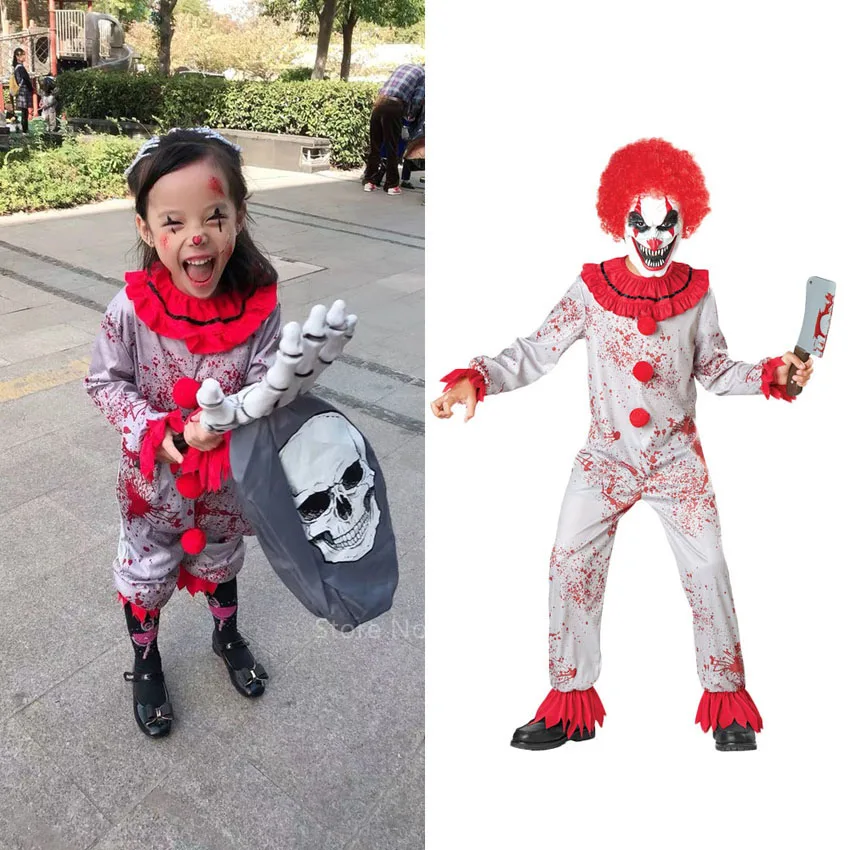 

Halloween Children Scary Bloody Clown Kids Cosplay Costume Anime Carnival Party Zombie Ghost Circus Party Jumpsuit Mask Outfits