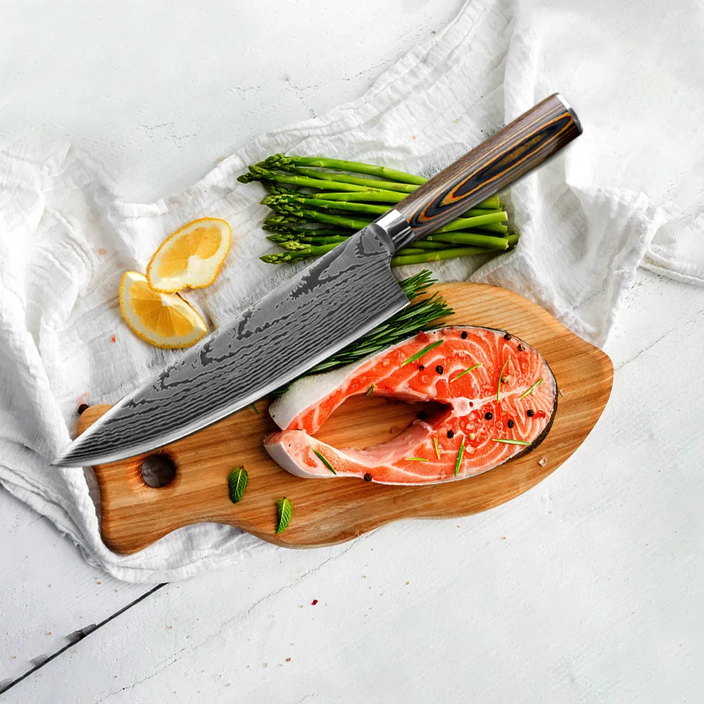 

1pcs 8Inch Kitchen Knives Chef Knife Imitation Damascus Pattern Stainless Steel Knife Cooking Tools