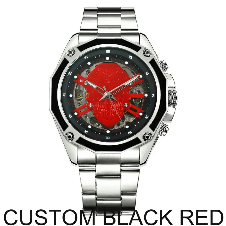 CUSTOM BLACK RED WINNER официальные деловые мужские часы Топ бренд класса люкс автоматические механические мужские часы с изображением скелета циферблат 3D череп наручные часы хип-хоп - Цвет: CUSTOM BLACK RED