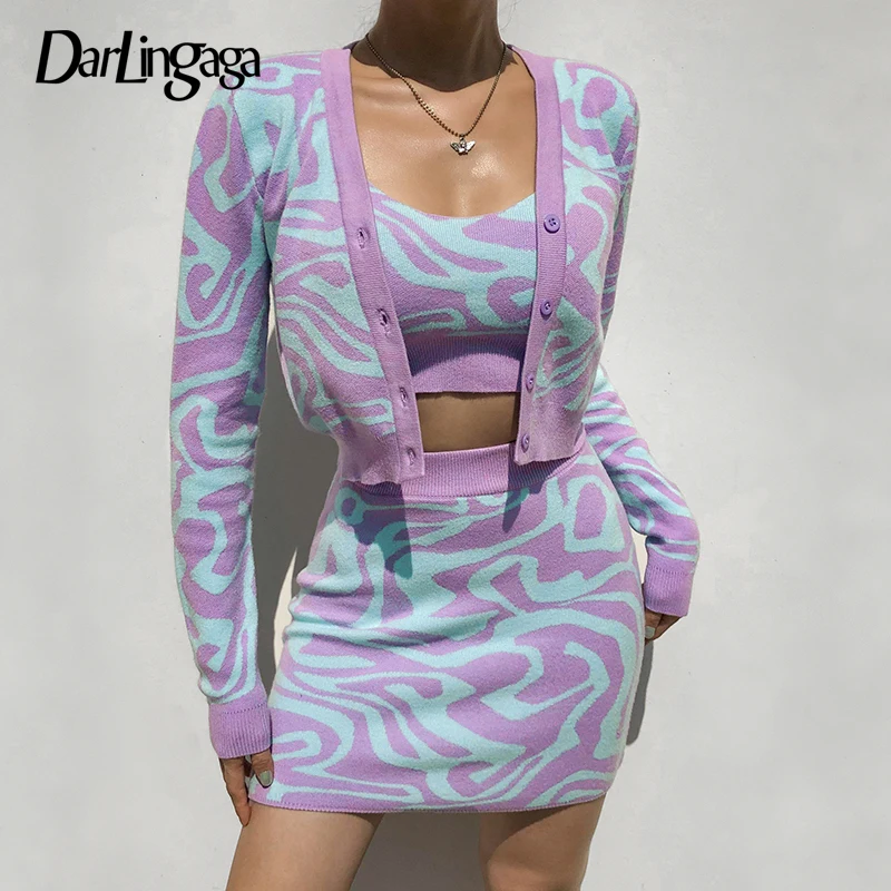 

Модный укороченный кардиган Darlingaga с фиолетовым узором зебры, вязаный свитер, Женская Повседневная эстетичная куртка, приталенная Весенняя ...