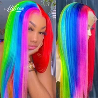 alifitov half red rainbow color human hair wigs brazilian remy straight lace front wig gluless transparent lace wigs