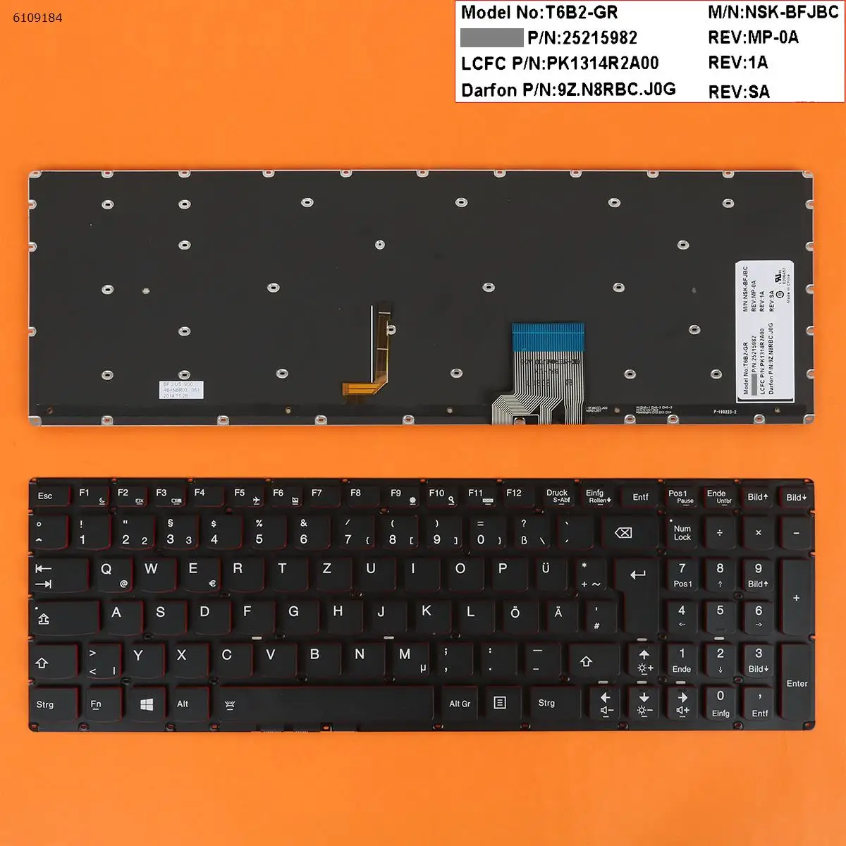 

German QWERTZ New For Lenovo Y50-70 Y70-70 TOUCH Laptop Replacement Keyboard Red Backlit NO Frame