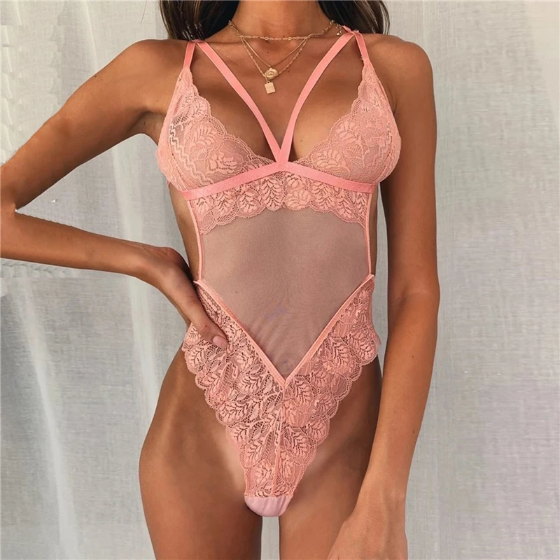 Women's Erotic Underwear Sexy Lace V-Neck Hollow Out Bodysuit Romper Solid Color Fashion Sleeveless Erotic Lingerie Jumpsuit