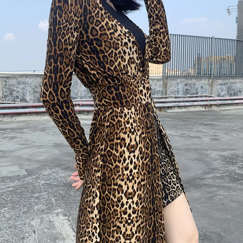 Hugcitar leopard print long sleeve hooded trench coats autumn winter women streetwear windbreak outfits