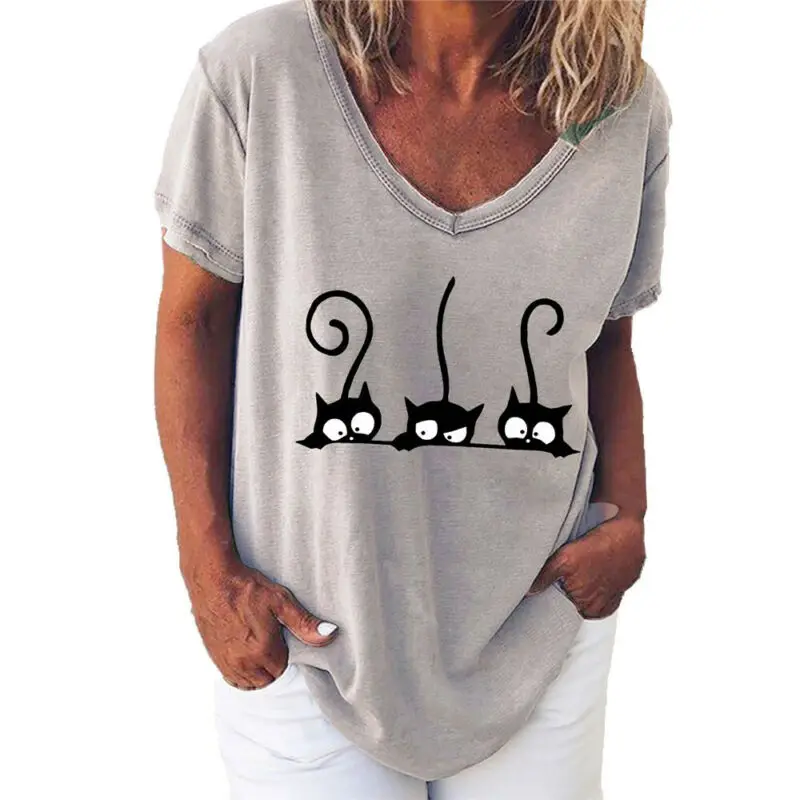 

UK Womens Summer V Neck Cat Print Tops Blouse Ladies Short Sleeve T Shirts Size