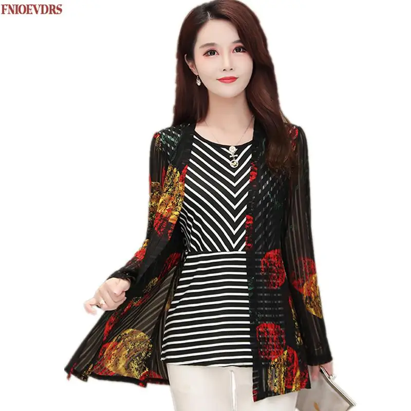 

floral Women Tunic Blouses 2020 Autumn Long Sleeve Faux Two Piece patchwork Long Shirt Female Feminine Casual tops camisas