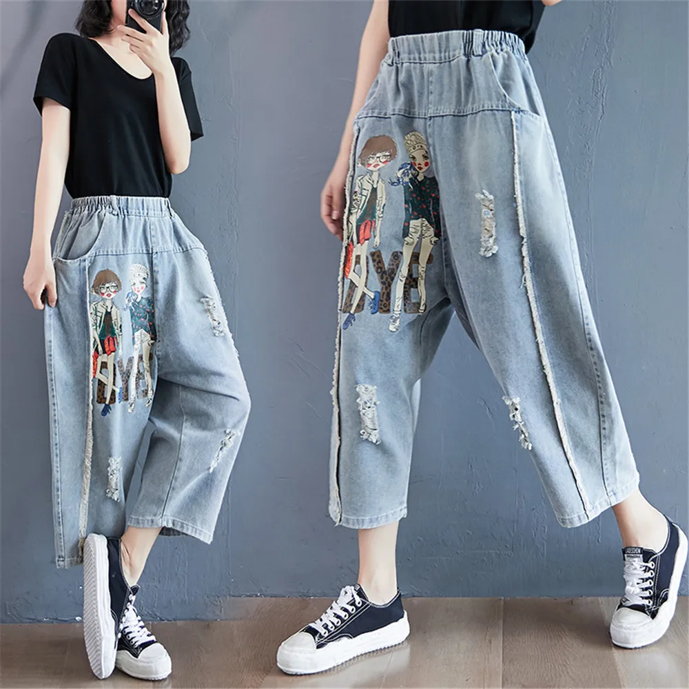 

Women Summer Fashion Cartoon Beauty Print Ripped Hole Elastic Waist Calf Length Harem Denim Pants Female Funny Wild Casual Jeans
