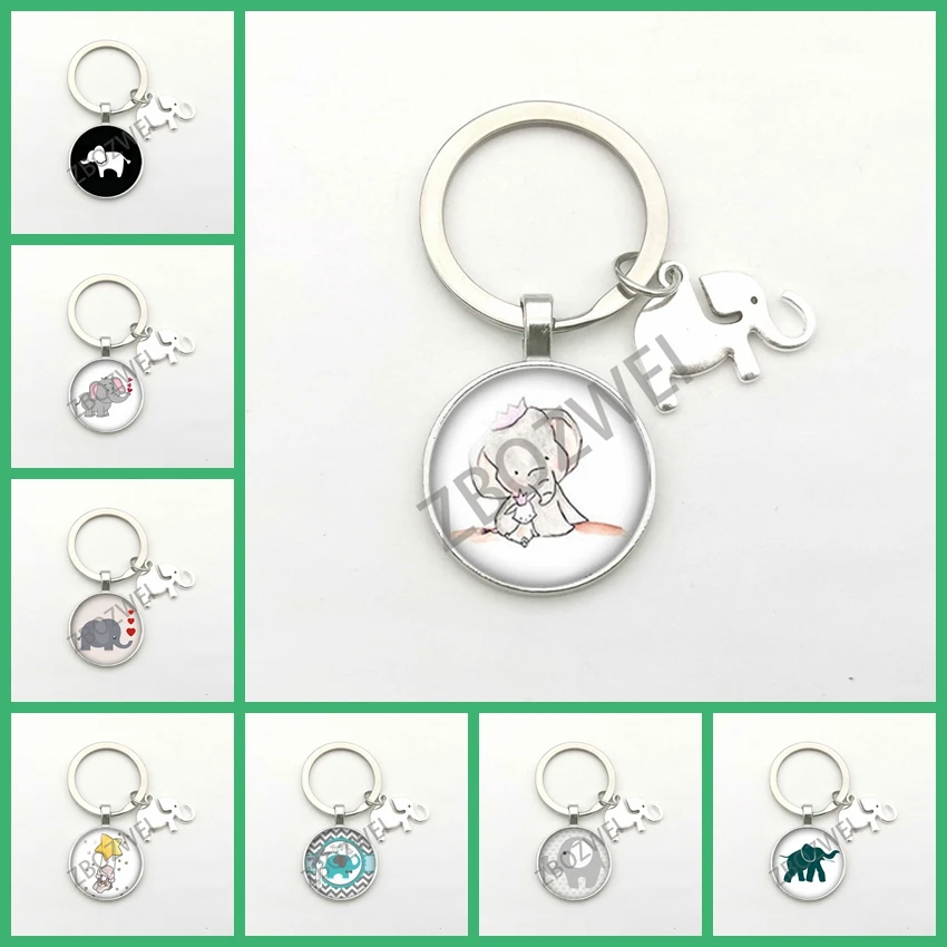 Cute Baby Elephant Pendant Keychains Glass Round Key Ring Fa