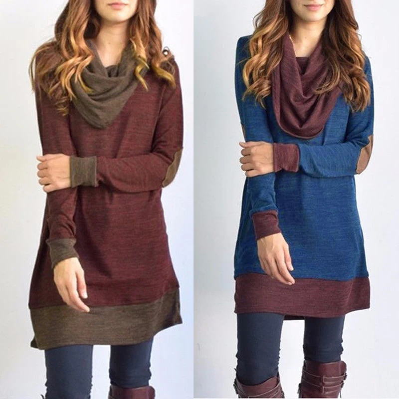 Женские повседневные топы с длинными рукавами воротником-хомутом двухцветные