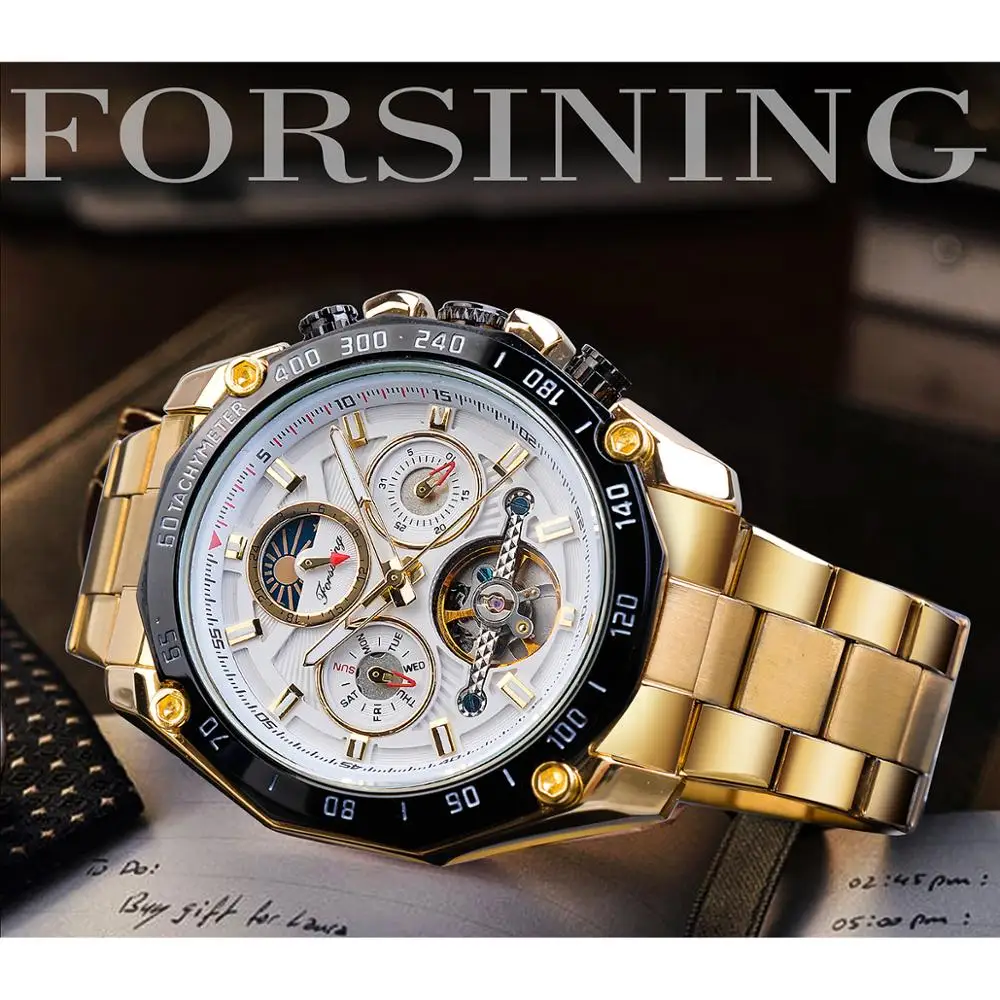 Forsining Классические Золотые Tourbillon механические часы Мужские автоматические Moonphase календари ремни из нержавеющей стали часы Reloj Hombre