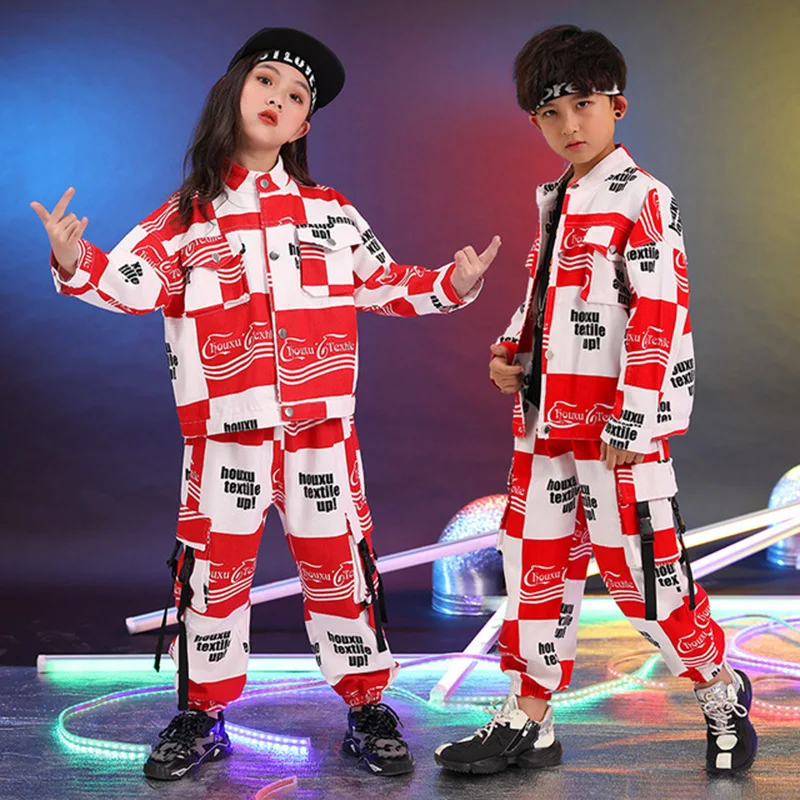 

Kid Cool Kpop Outfit Clothing for Girls Boys Print Checkered Shirt Top Streetwear Tacitcal Cargo Pants Hip Hop Stage Costume Set