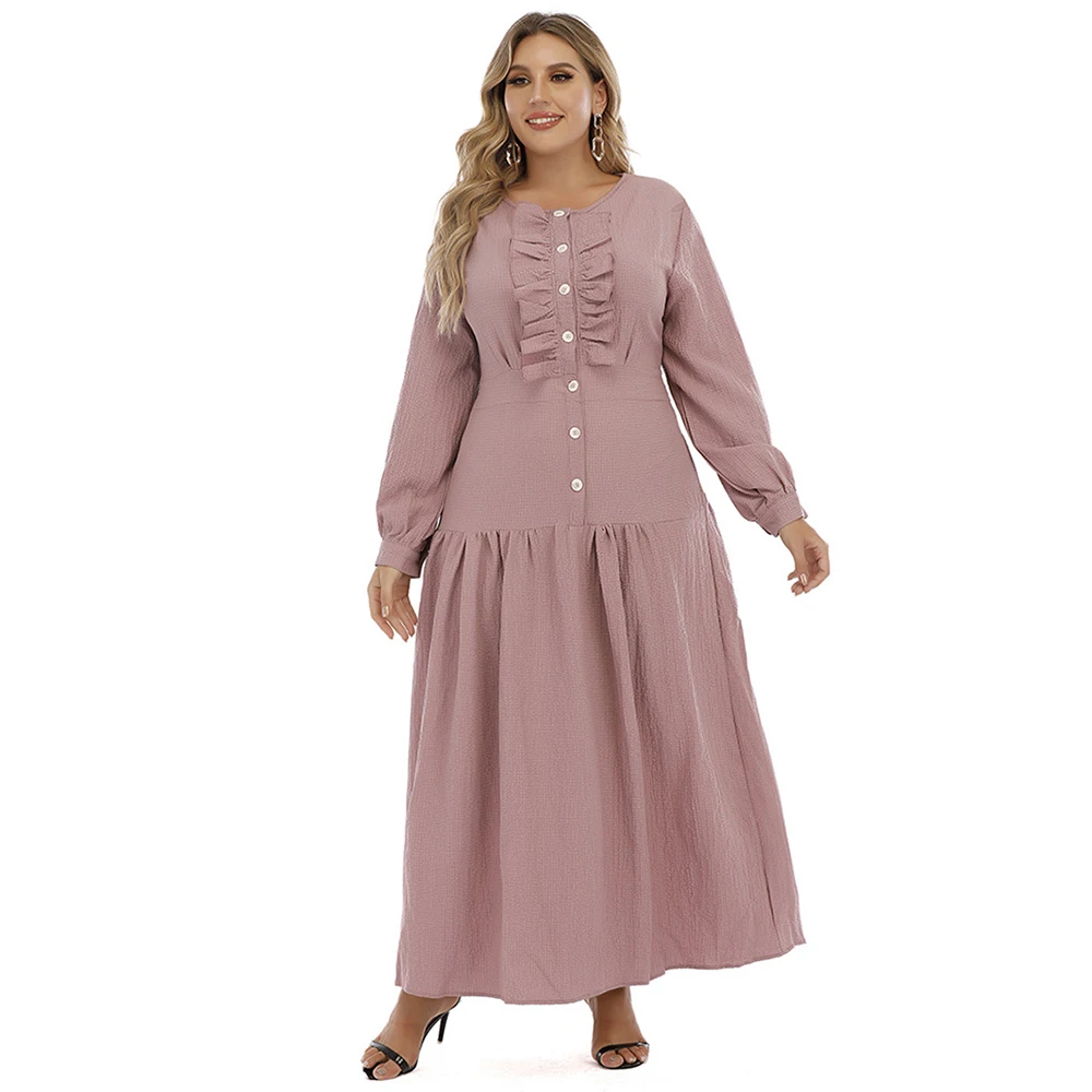 

FridayIn Autumn/Spring New Women's French Plus Size Pink Dress Ruffled Fat Ladies Long-sleeved Long Skirt 200 Kg Can Be Worn