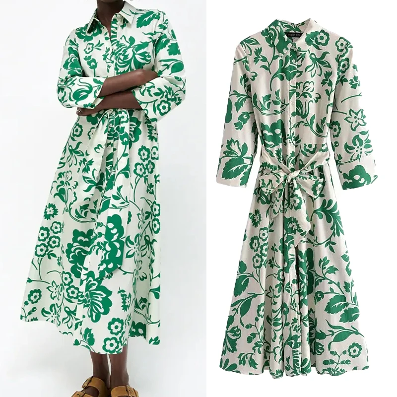 

Fashion printing Poplin Lapel Seven points Sleeve Summer Women's Dress Casual Chic Loose Female Clothing Robe Dresses