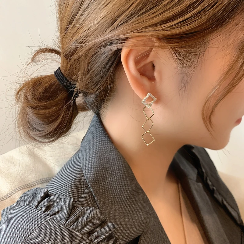 

MENGJIQIAO Korean Elegant Zircon Metal Square Drop Earrings For Women Girls Sweet Boucle D'oreille Fashion Jewelry Gifts