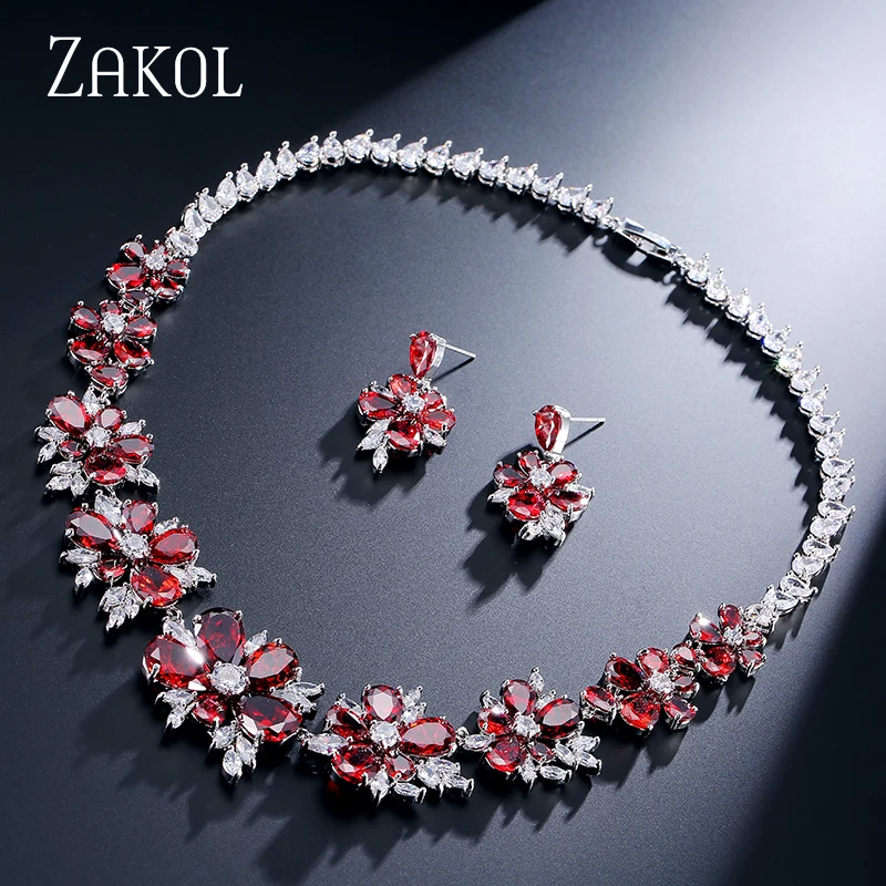 Red ZAKOL белый цвет для женщин роскошные темно синий зеленый Маркиза Форма цветок циркон Свадебный комплект ювелирных изделий FSSP049 - Окраска металла: Red