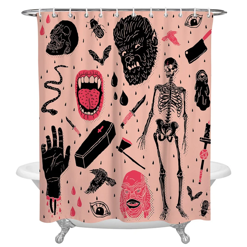 

3D printed bathroom shower curtain, waterproof bathroom curtain with hook, black tattoo skull, evil heavy metal inspired demon