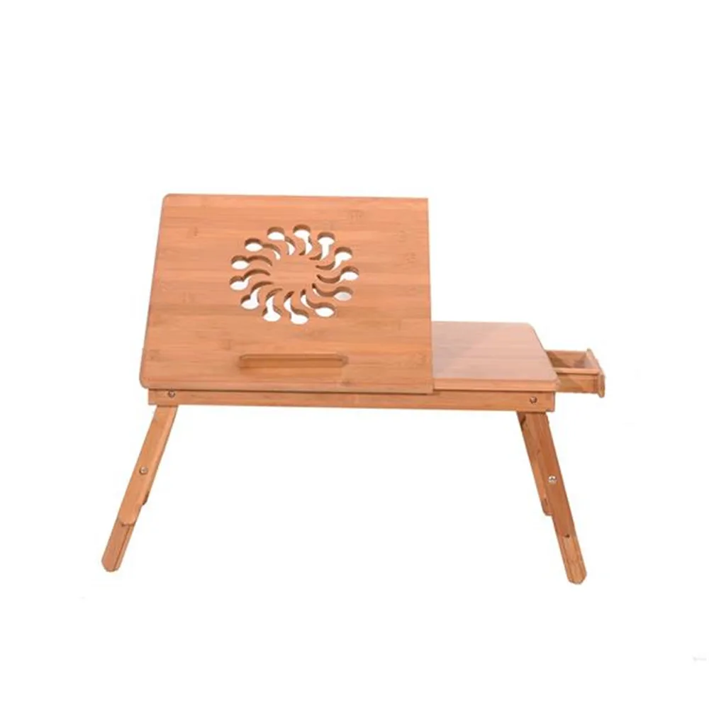 

53cm Fashionable Sunflower Engraving Pattern Adjustable Bamboo Computer Desk Sandal Wood Color Laptop Desk Stand Table