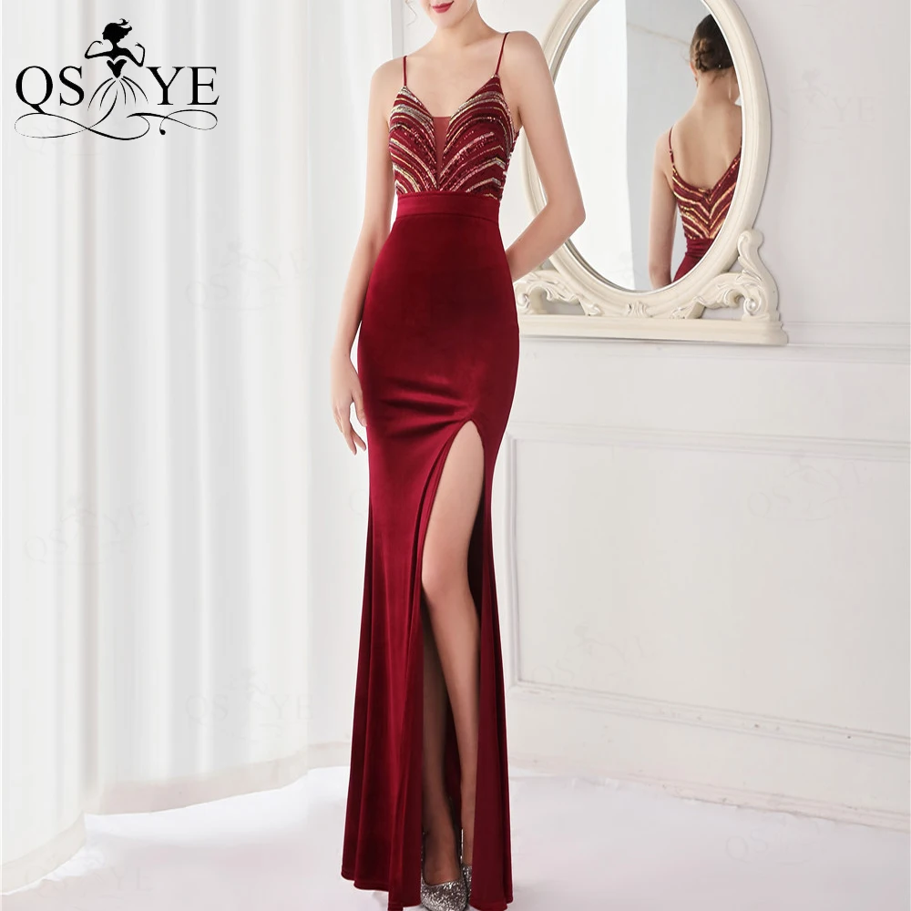 

Burgundy Prom Dresses Mermaid Spaghetti Straps Sequin Evening Gown Sexy Split V neck Shoulder Straps Party Formal Dresses
