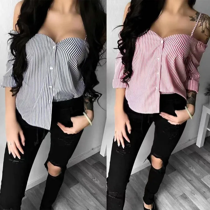 

EFINNY Stripe Sexy Off Shoulder Shirt Slash Neck Long Sleeve Blouse Office Lady Blouse Shirts Tops