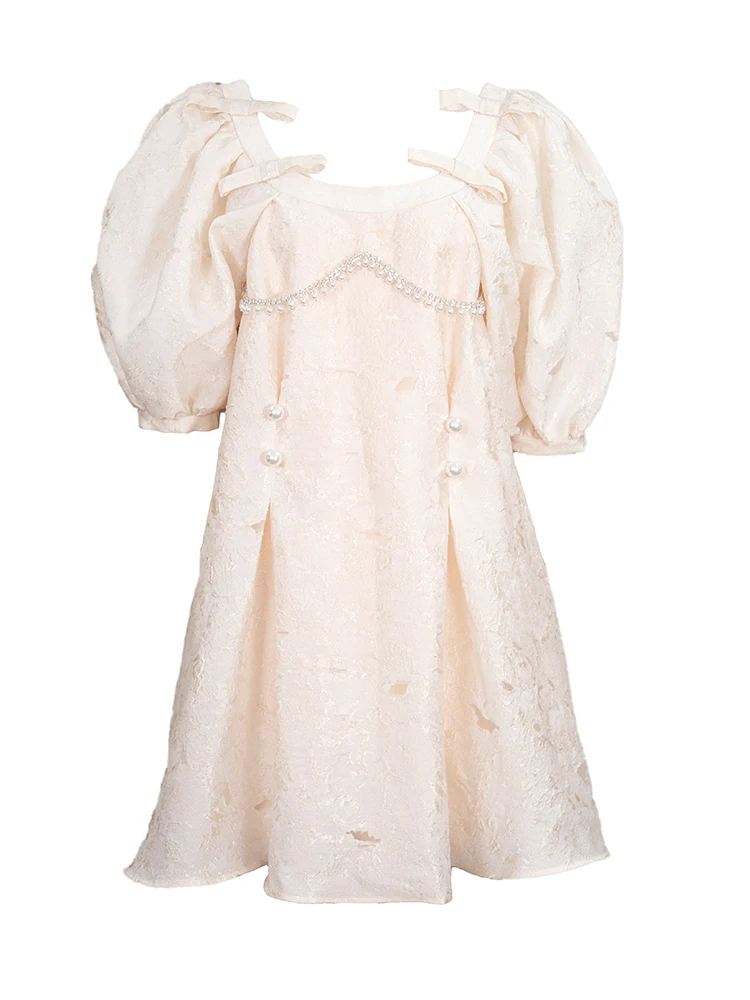 

DEAT Women Greamy Embroidery Bow Hollow Out Dress New Round Neck Short Puff Sleeve Slim Fit Fashion Tide Summer 2021 7D065012