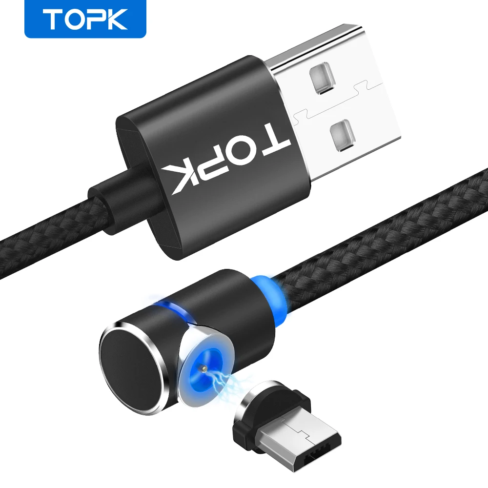 Магнитный светодиодный кабель Micro USB TOPK 1 м 2 угол 90 градусов L-образная нейлоновая