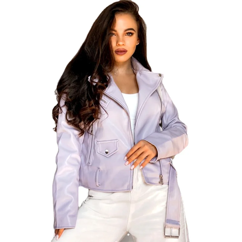 

Куртка женская демисезонная из искусственной кожи, однотонная Байкерская верхняя одежда на молнии с поясом