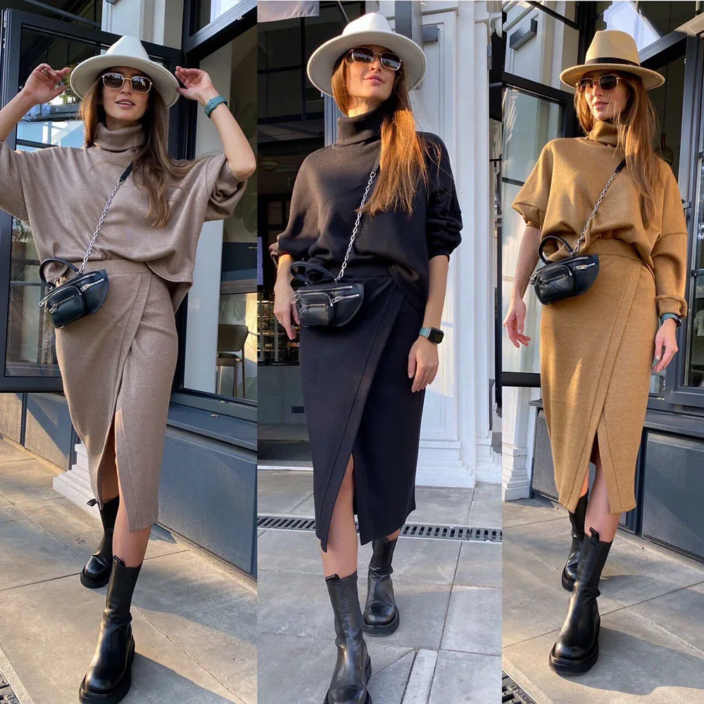 

Zoulv 2021 Spring Fashion High-necked Long-sleeved Pullover Irregular Split and Calf Skirt OL Office Ladies Temperament Suit