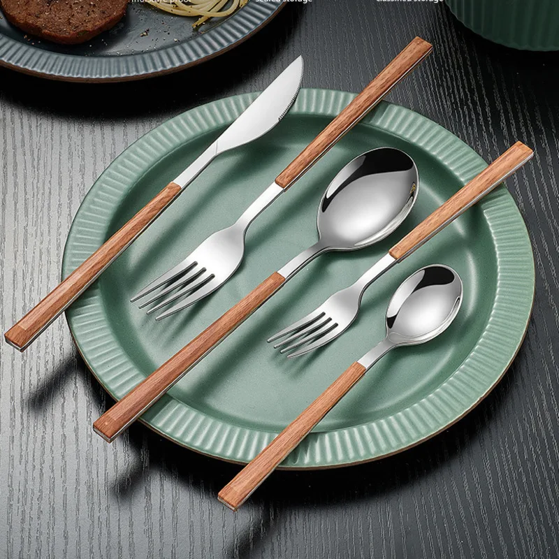 

Stainless Steel Dinnerware Steak Knife Sets Glossy Silver Wooden Tableware Dinner Knife Fork Teaspoon Cutlery 5pcs sets