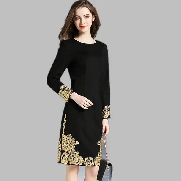 2020 Высокое качество Весна размера плюс черное платье женское подиумное с золотой