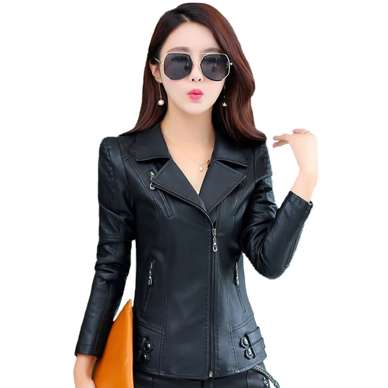 

Autumn Women Pu Leather Jacket Winter Short Slim Turn-down Collar Zipper Women Motorcycle Coat Female Outwear