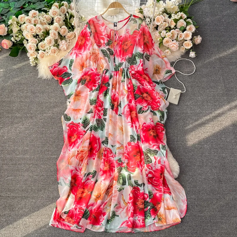 

Женское платье макси с рукавом «летучая мышь», красное свободное пляжное платье до щиколотки с О-образным вырезом и высокой талией для отды...