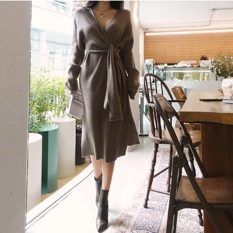 

2020 Autumn Winter Sexy V-neck Lace Up Women Sweater Dress Full Sleeve Slim Waist Side Split Female Pullover Knitted Dress