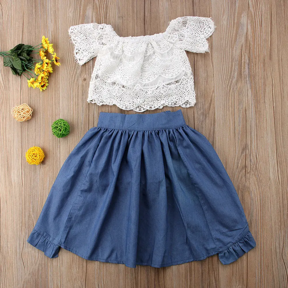 

2021 New Summer 1-6Y Baby Girl 3Pcs Set Off-Shoulder White Lace Crop Top+Shorts+Bow Ruffled Long Skirt Kid Children Clothes