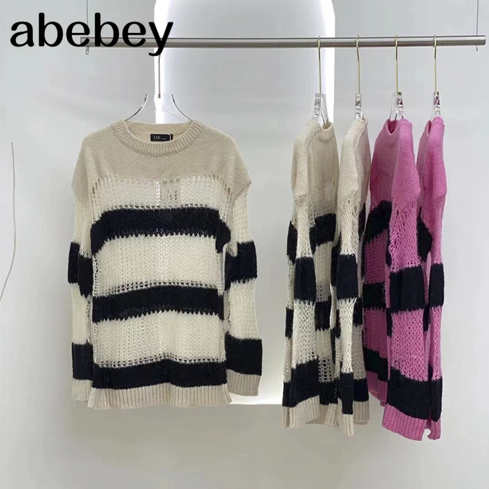 

Elegant Striped Print Oversized Pullovers Women Winter O-Neck Loose Long Sweaters Streetwear Outerwear 2021