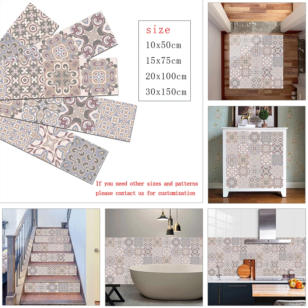 

10/15/20cm Bohemian Style Strip Tiles Wall Sticker Kitchen Wardrobe Bathroom Waterproof Wallpaper Peel & Stick Art Wall Decals
