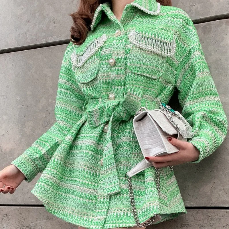 

Office Ladies Tweed Coats Design Pearls Tassel Loose Casual Jackets Women Elegant Single Breasted Lace Up Coat Striped Outerwear