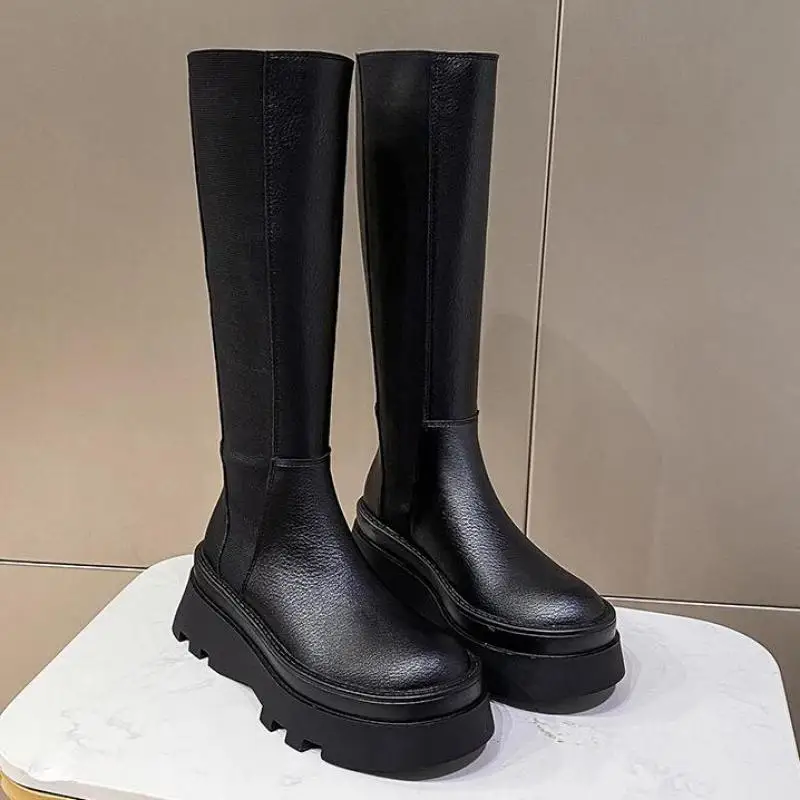 

Женские брендовые сапоги на платформе, повседневные зимние сапоги до колена с круглым носком, 2022