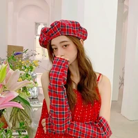 pure desire style red plaid beret female ins autumn and winter retro big head circumference painter hat exaggerated cloud hat